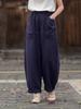 Johnature Women Vintage Harem Pants Solid Color Patchwork Pockets Trousers Elastic Waist Loose Pants
