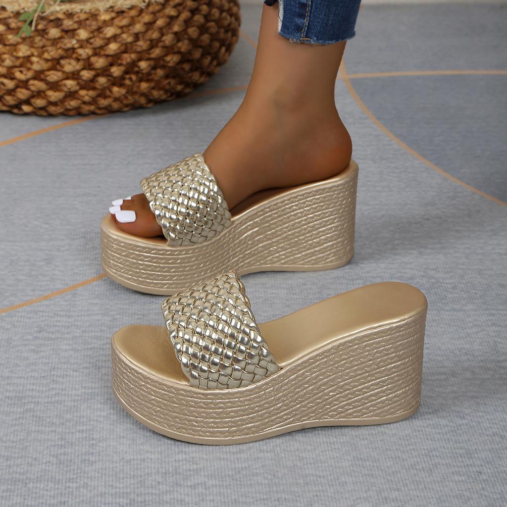 Wedges Slippers for Women Platform Sandals Woman Summer Chunky Golden Round Head Woman Thick Sole Beach Shoes Size