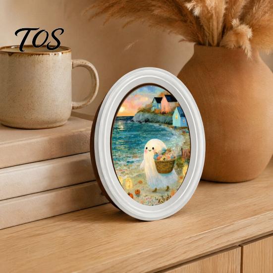 Wooden Halloween Decorations for Home Ghost Oval Photo Frame, Cute Table Sign, Decorative Framed Party Wall Decoration Picture, Creative Art