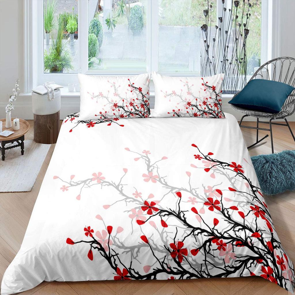 Cherry Blossoms Duvet Cover King/Queen Size,Japanese Sakura Tree Pink Floral Spring Vintage Cultural Bedding Set for Women Girls