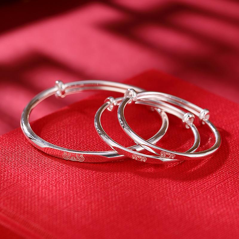 S999 Chinese Zodiac Tiger Sterling Silver Simple Stroke Bracelet with A Fashionable and Personalized Parent-child Style