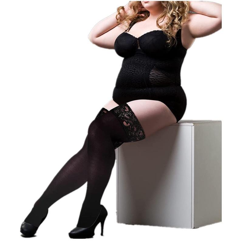 Queen Size Ladies Thigh High Lace Black Stockings Plus Large Size for Curvy Full-Figured Women Stretch Knee Long Socks XXXL