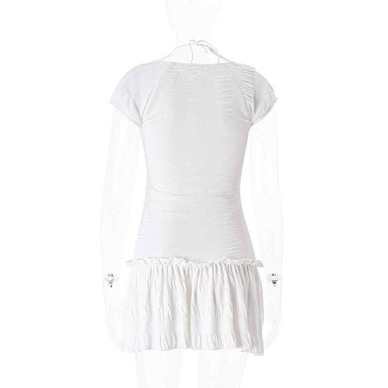 Летняя мода Франция Платье с низким вырезом Женщины с коротким рукавом Тонкие мини-платья с рюшами Женские вечерние повседневные элегантные облегающие платья на шнуровке для отпуска Женщина