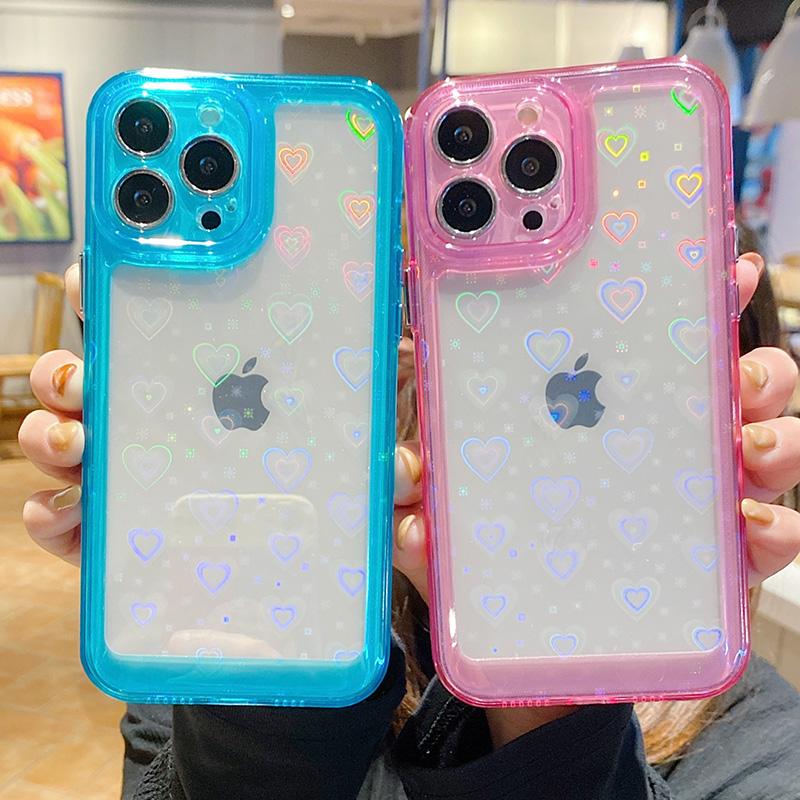 Ins Fashion Laser Love Heart Case для Iphone 13 12 11 Pro Max Xr X Xs 7 8plus яркий цвет противоударный HD прозрачный акриловый жесткий чехол