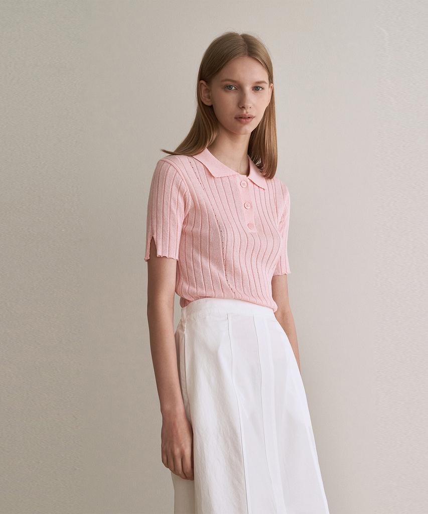 ADAUL Ribbed Button Short Sleeve Knit - Pink
