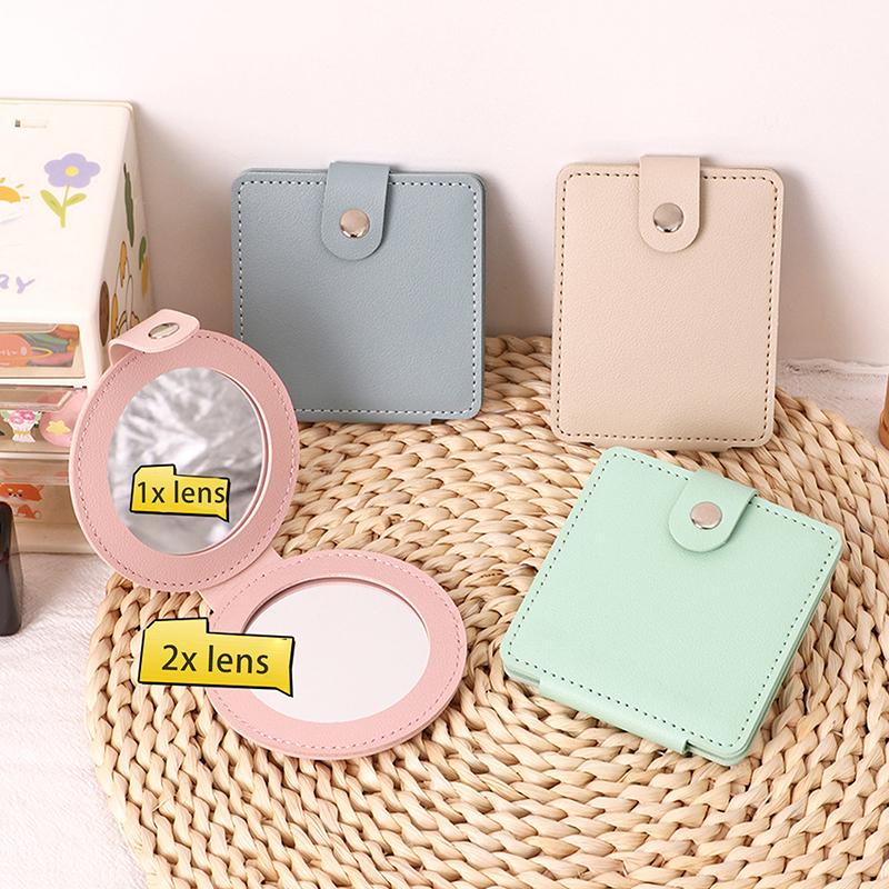 2-стороннее зеркало для макияжа, однотонное, из искусственной кожи, простое, портативное, складное, для студентов, компактное, симпатичное, карманное зеркало