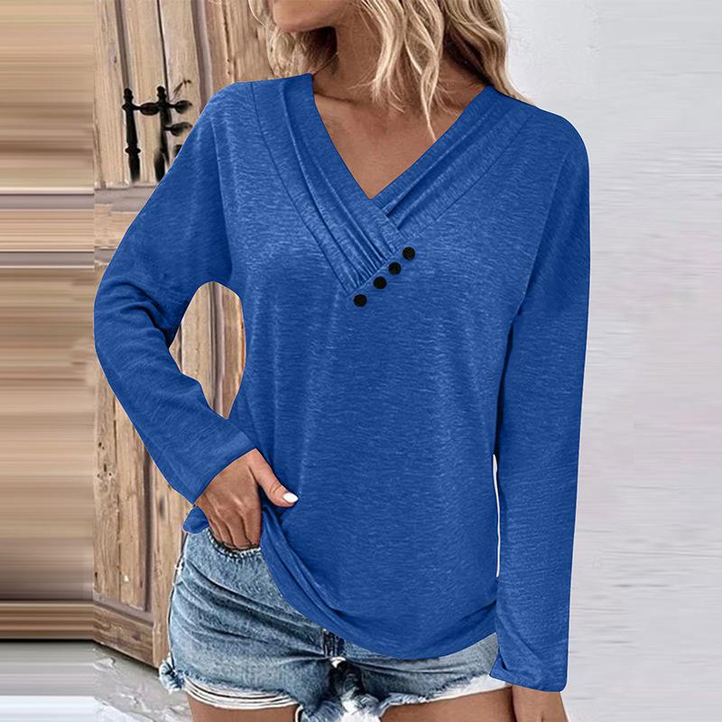 Женские топы, модные, повседневные, однотонные, с нагрудной панелью, с оборками, пуговицами, V-образным вырезом, с длинным рукавом, женские длинные топы