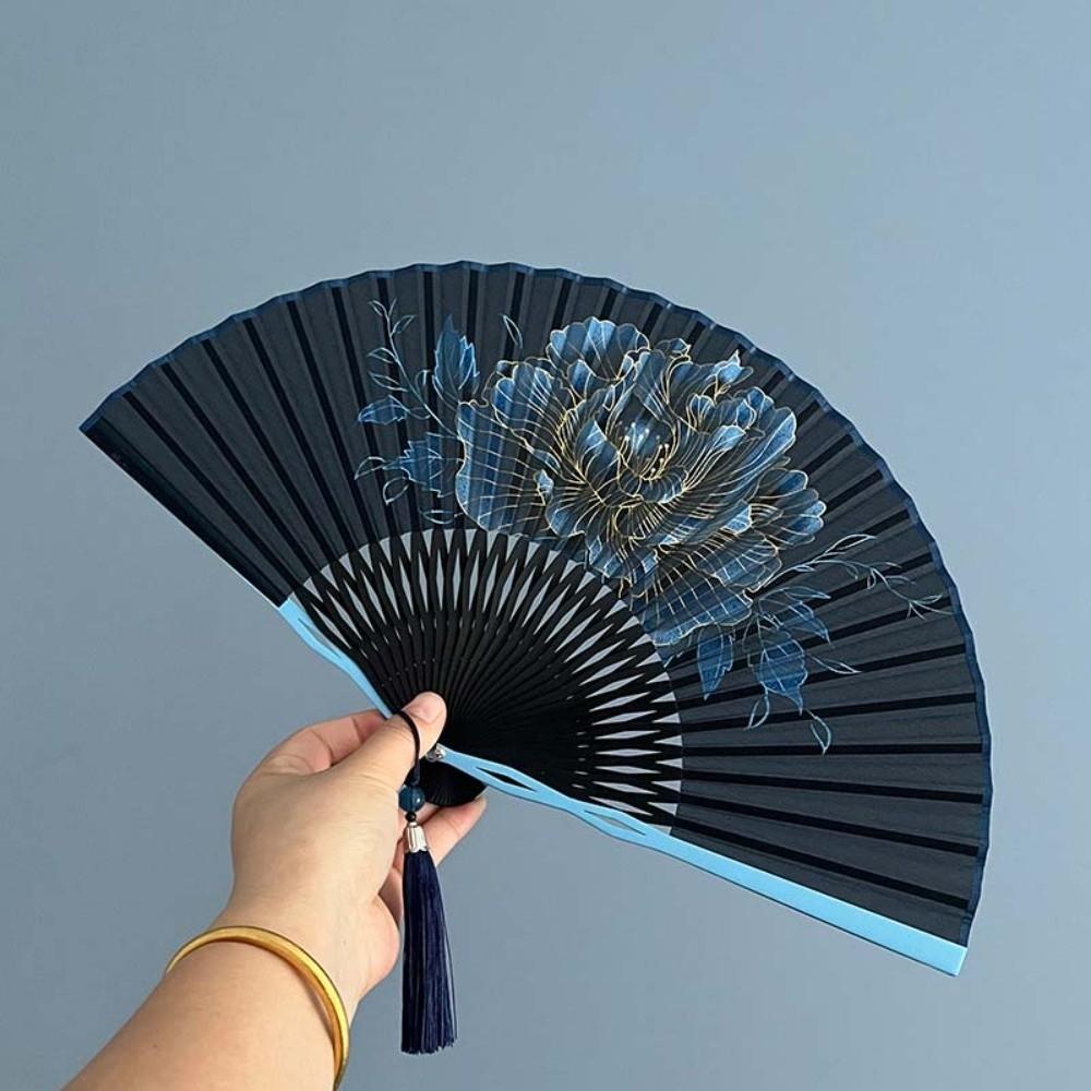 Peony Flower Mini Shell Fan Bamboo Frame Retro Handheld Fan Creative Dance Fan Home Decoration