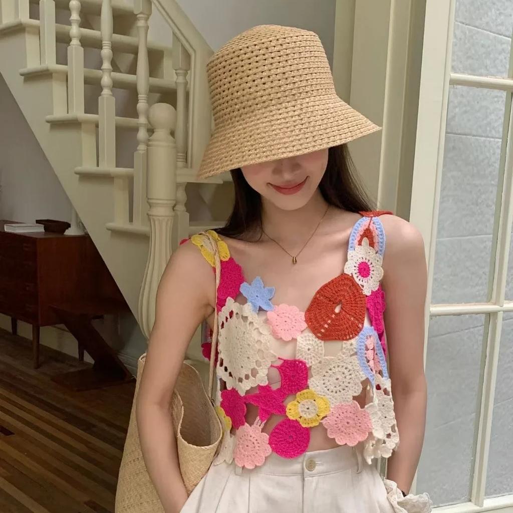 Вышитый цветочный вязаный крючком топ-майка многоцветный ажурный трикотажный укороченный топ-майка женский летний новый наряд Fairycore Cottagecore