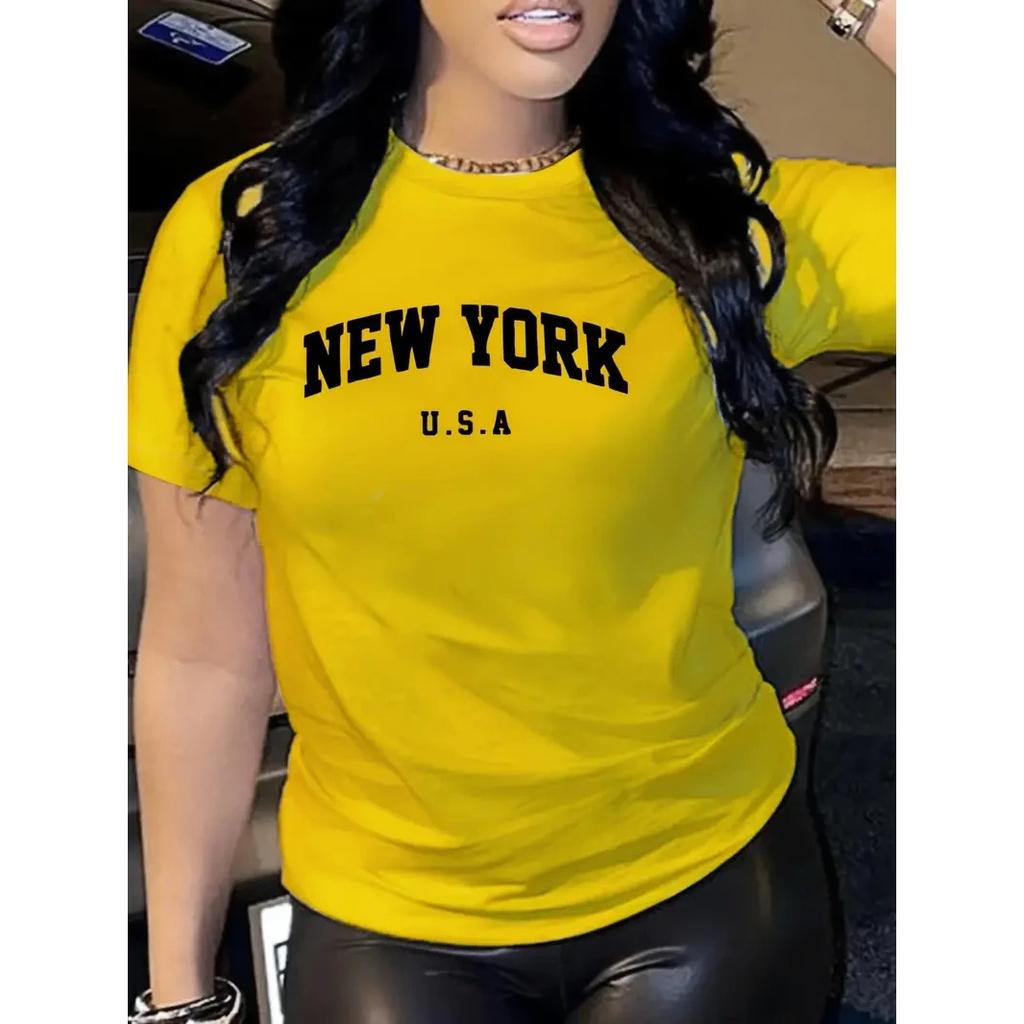 Забавный модный принт New York Letter, повседневная женская футболка с коротким рукавом, базовая одежда для весны с круглым воротником