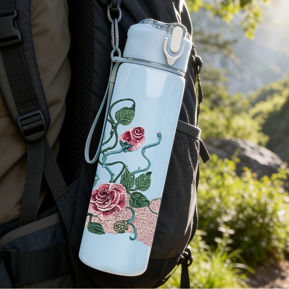 1PC Rose Peony Mixed Floral Vine Print 750ml Color Plastic Sports Water Bottle Leakproof Flip Straw Lid Suitable for Sports Office Home Use