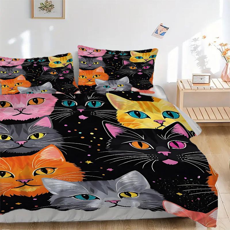 3Pcs Colorful Cats Printed Bedding Set, Breathable And Soft,(Includes 1 Duvet Cover And 2 Pillowcases, Quilt Not Included) yy250815147