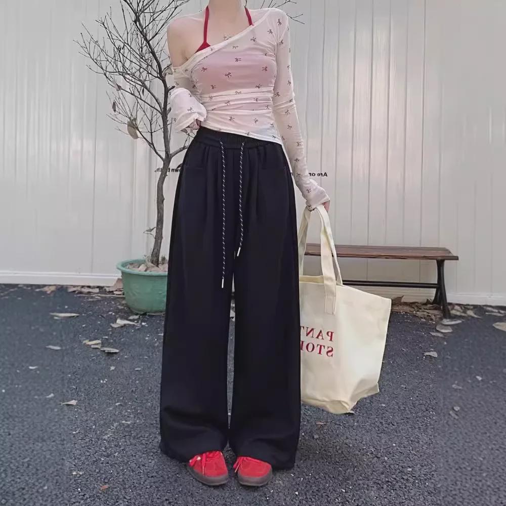 Широкие брюки с высокой талией и завязками на талии — женские повседневные спортивные брюки на осень 2024 года