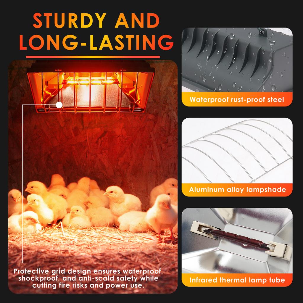 250W Heater Lamp for Chicken Coop Adjustment Hanging Brooder Heater with Infrared Heat Lamp Tube for Lamb Pig Chick Duck Poultry