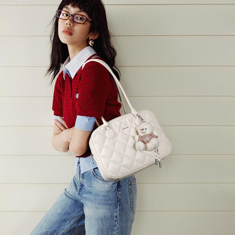 JUST STAR Toast Bag, Women's Leather Handbag, Large Capacity Boston Shoulder Bag, Tote Bag, White