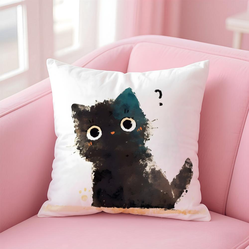 Creative Cute Minimal Art Black Kitten Cat Head Cushion Cover Pillow Case Soft Skin Friendly Fabric  Concealed Zipper