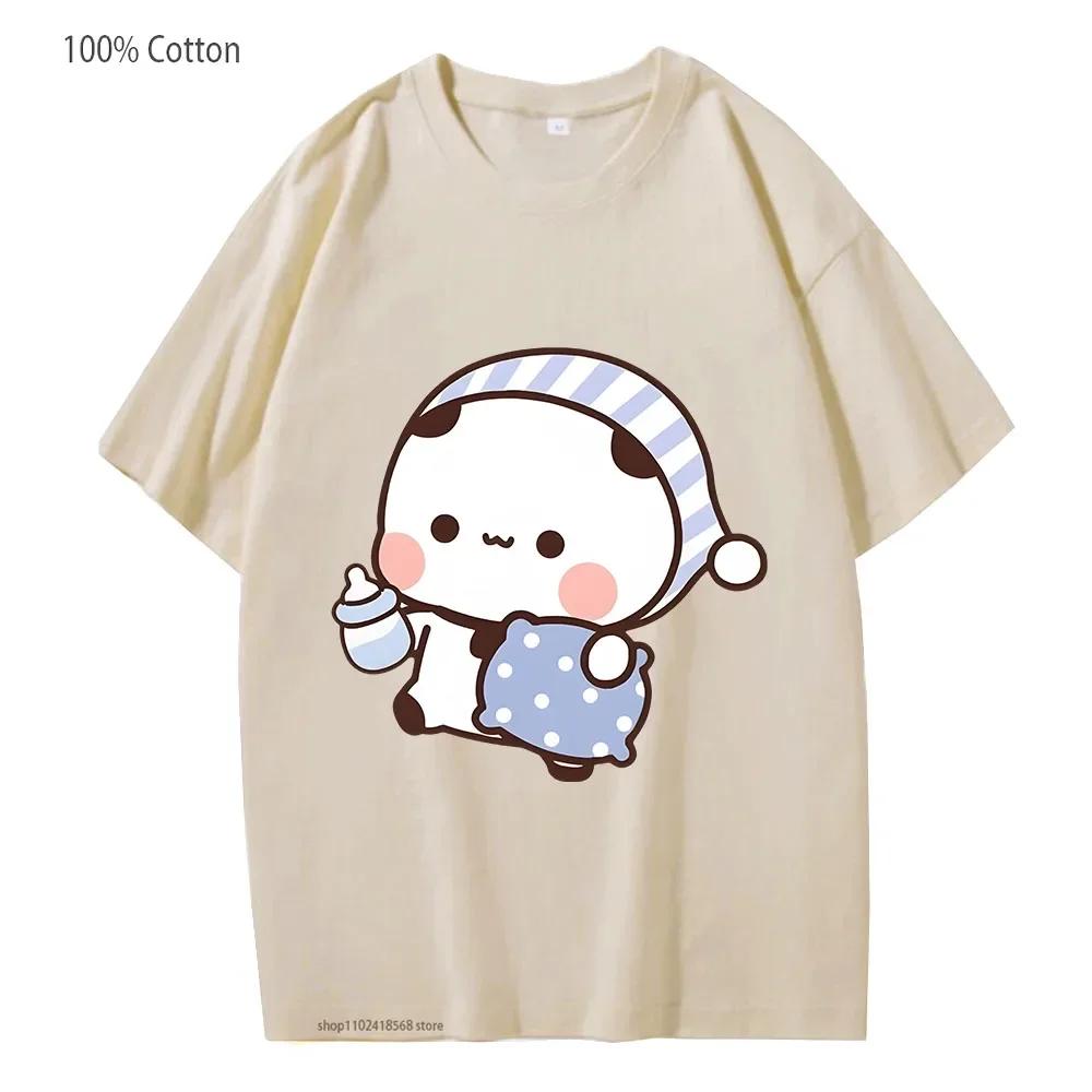 Couple Shirts Kawaii Cute BuBu Panda Going To Sleep with DuDu Bear Graphic Tshirt Cotton Men Women Clothes Long Sleeve Tees