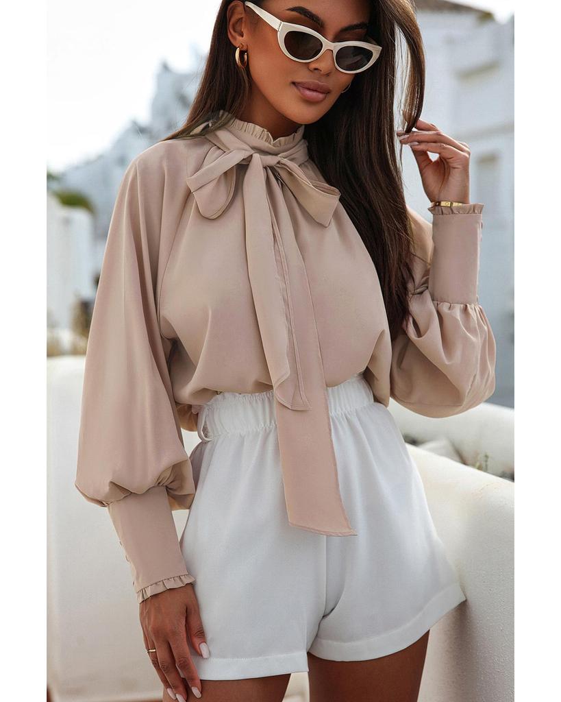 Azura Exchange Khaki Frilled Knotted Blouse with Bishop Sleeves