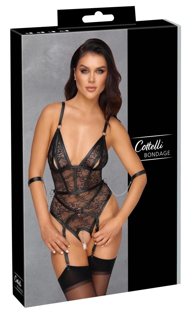 Cottelli Bondage - Sexy Lace Bodysuit with Cuffs and Garters
