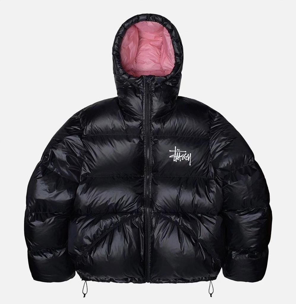 Abbigliamento imbottito in cotone con cappuccio ricamato STU per il commercio estero transfrontaliero, vestiti corti a contrasto nero rosa, cotone ispessito antivento