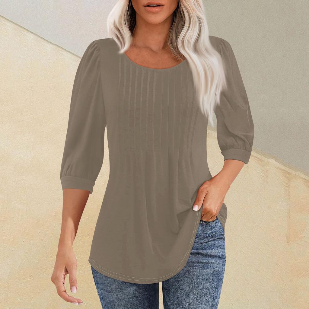 Женская мода плиссированная футболка с круглым вырезом и семью рукавами, повседневный однотонный топ