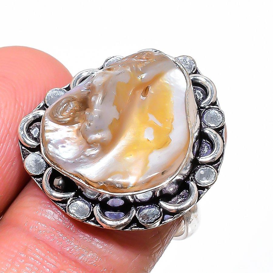 Biwa Pearl Gemstone 925 Sterling Silver Jewelry Ring Size 8