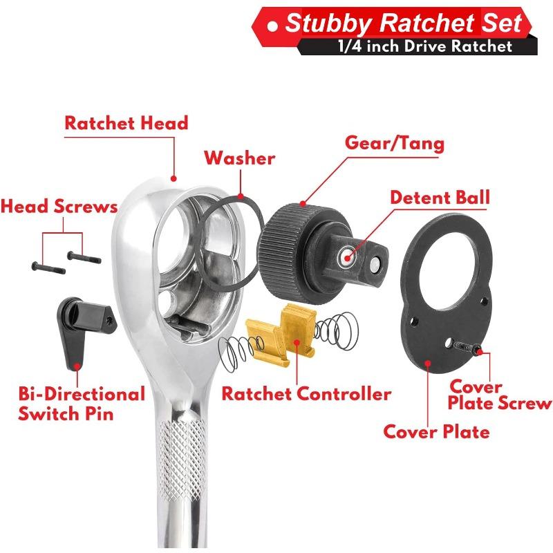 3PCS Quick-Release Reversible Head 72-Tooth 1/4 3/8 1/2 Inch Drive Stubby Ratchet Set Full Polished Mini Small Ratchet Head