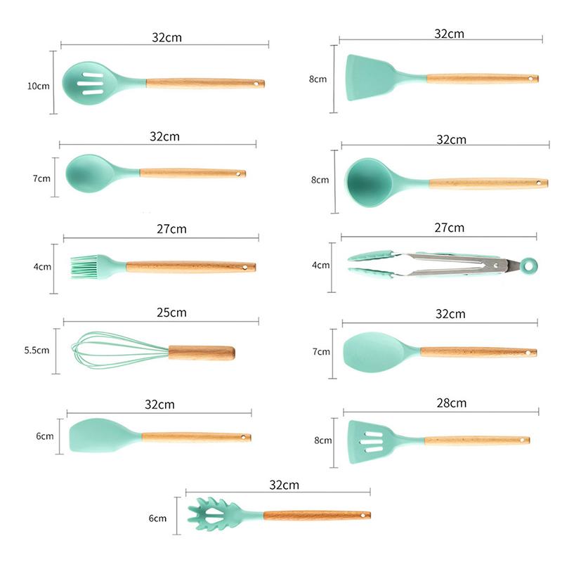 Силиконовый набор кухонных принадлежностей для приготовления пищи с бамбуковыми деревянными ручками