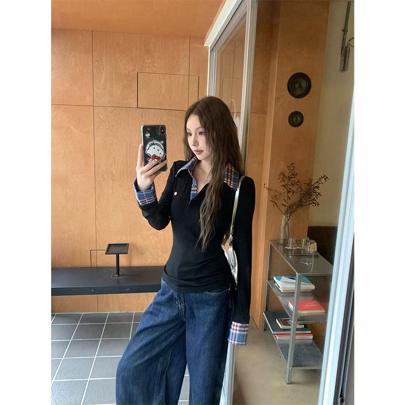 Женский осенний приталенный топ в клетку, имитация двойки, с длинным рукавом и воротником поло