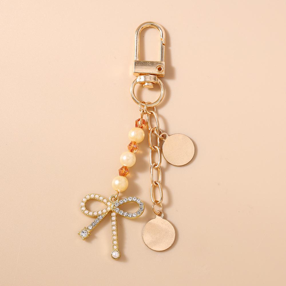 Cute Bowknot Love Heart Keychain Women Girl Pearl Beaded Key Ring Pendants for Handbag Decor DIY Handmade Key Chain Gift