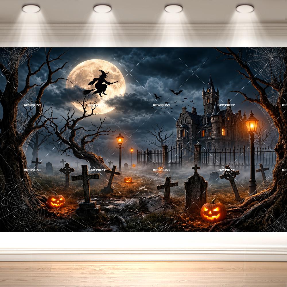 Ghost Halloween castle Witch Backdrop Haunted Graveyard Full Moon Pumpkins Bats Gothic Spooky Horror Night Photography