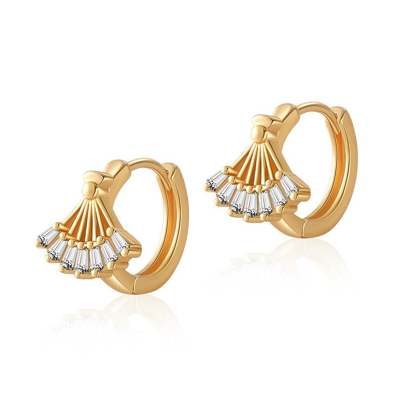 Women Exquisite 18k Gold Plated Fan Shape Zircon Fashion Hoop Earrings