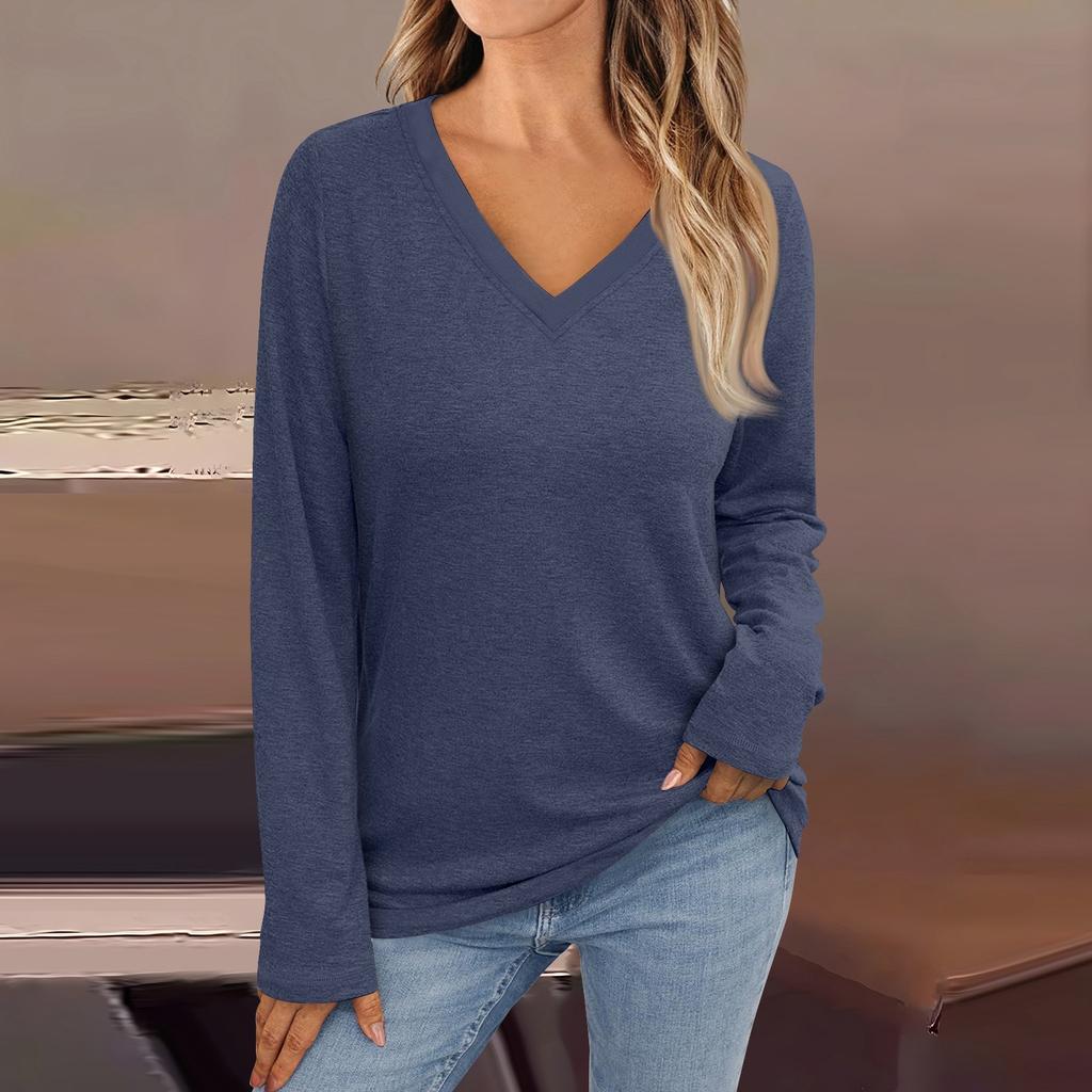 Женская модная винтажная футболка с длинным рукавом и V-образным вырезом в тон цвета осени