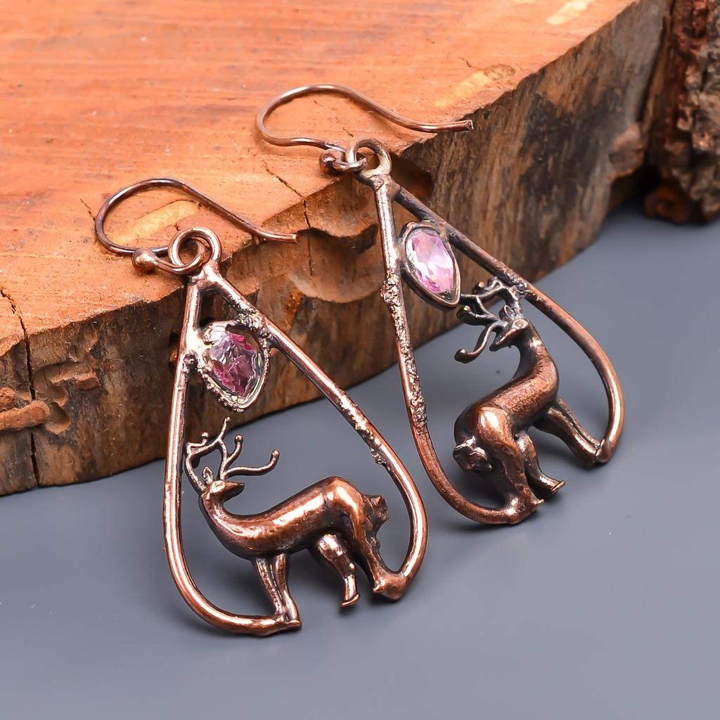 Fancy Pink Amethyst Stone Copper Electroformed Hook Drop Dangle Artisan Earrings V-48