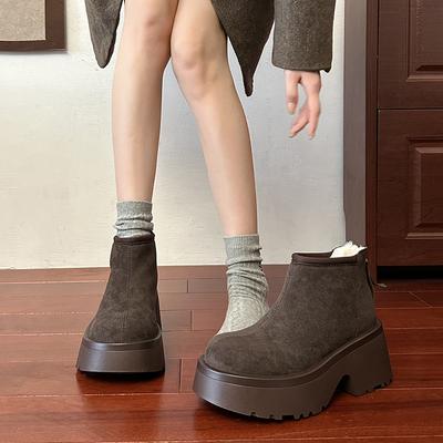 Коричневые хлопковые туфли на толстой подошве и толстом каблуке, женские зимние бархатные утепленные маленькие короткие ботинки, водонепроницаемые и нескользящие сапоги для снега