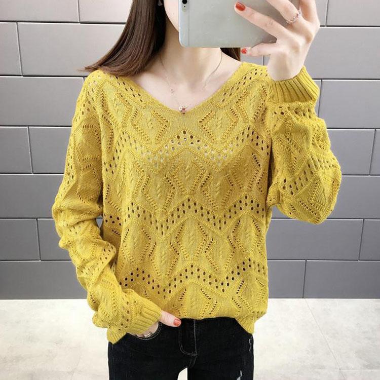 Hollow Knitted Sweater Women's Pullover Spring and Autumn V-neck Blouse Loose Outer Sweater Bottoming Shirt