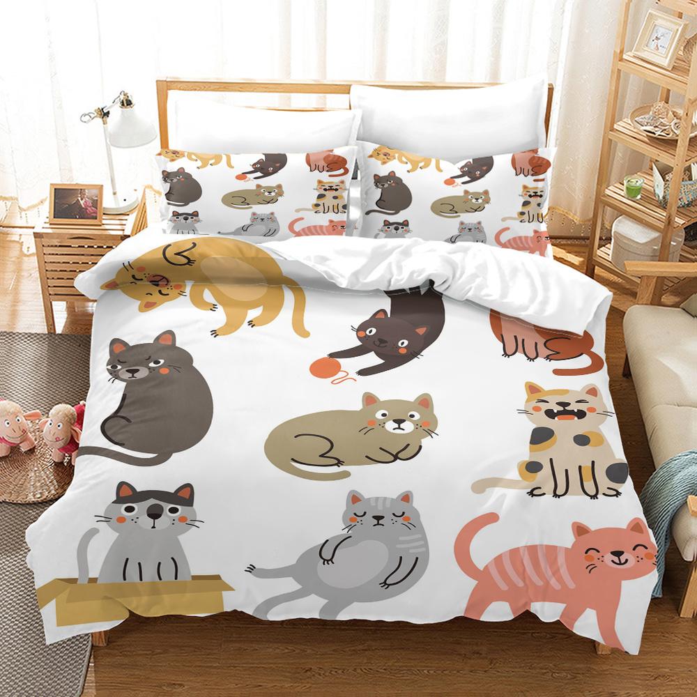 Cartoon Cat King Full Queen Duvet Cover Lovely Pet Kitty Bedding Set Animal Quilt Cover 2/3pcs Purple Polyester Comforter Cover