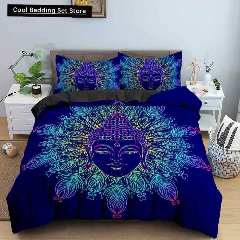 Комплект постельного белья Будда Индийская религия Буддизм Медитация Мандала Пододеяльник Улыбка Будды Цветочный мягкий пододеяльник Queen King Size