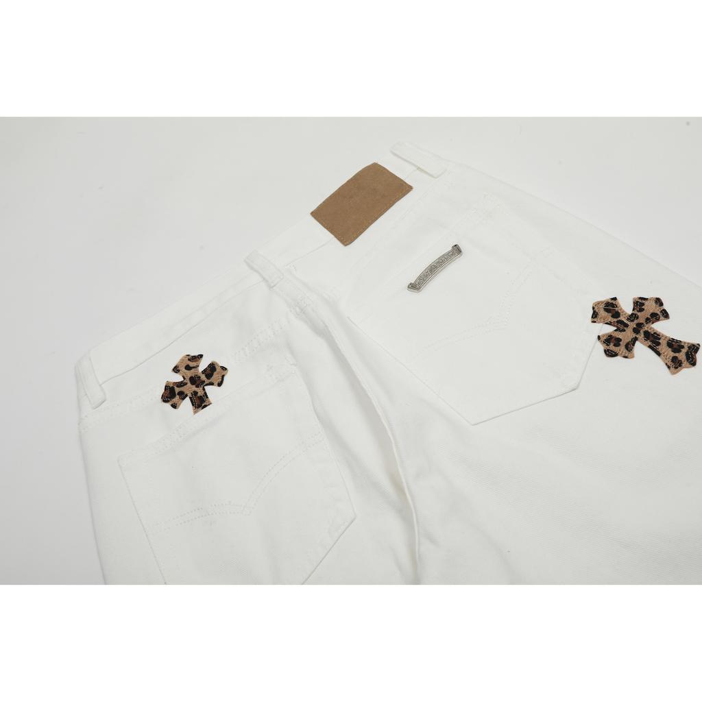 7704 CHROME HEARTS Men's and Women's American Style Trendy Jeans with Fabric Patches, Casual and Fashionable High Street Pants
