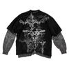 Y2K Gothic Retro Men Long-sleeved Round Neck Fake Two Piece TShirt Skull Print Street Tops Casual Harajuku Punk T-shirt
