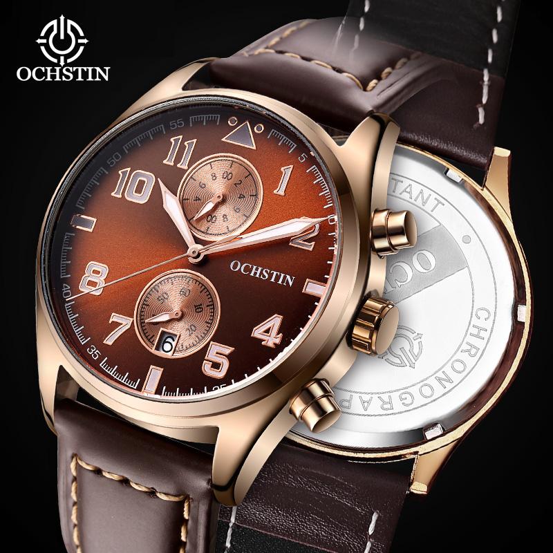 Multifunctional Chronograph Men Watch Luminous Hands Calendar Display Leather Strap Analog Quartz Wrist Watches