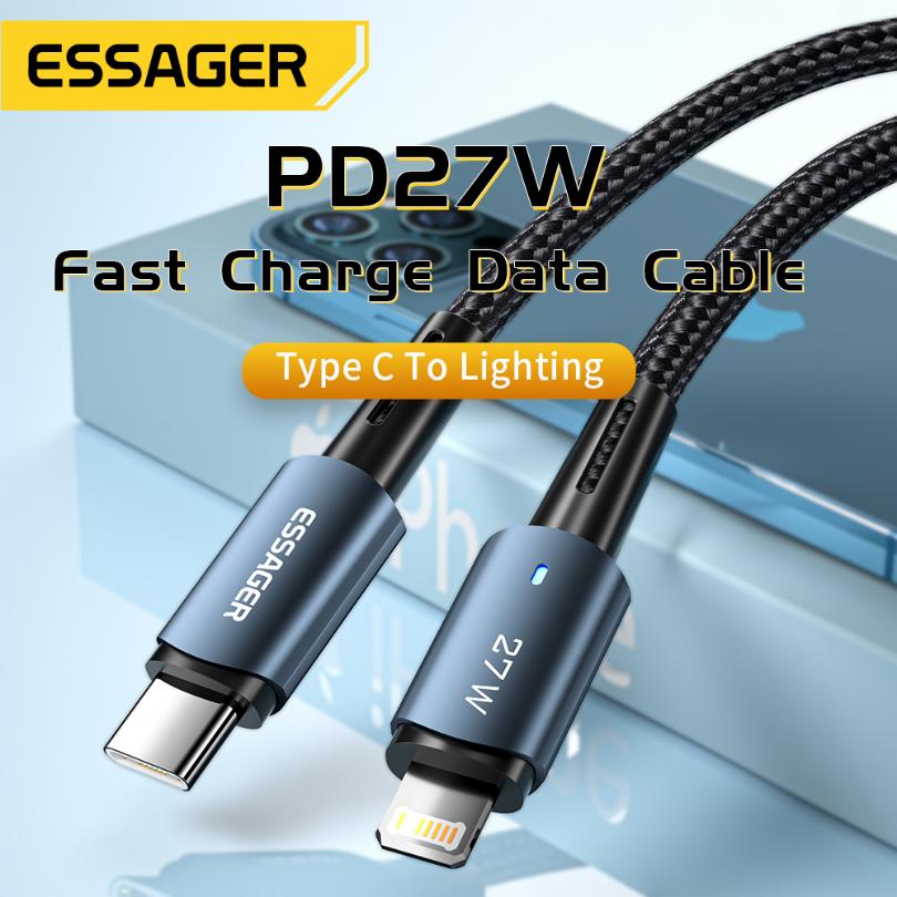 Essager Кабель USB C для IPhone 14, 13, 12, 11 Pro Max XS, 27 Вт, кабель для быстрой зарядки типа C с проводом даты освещения для iPad Macbook