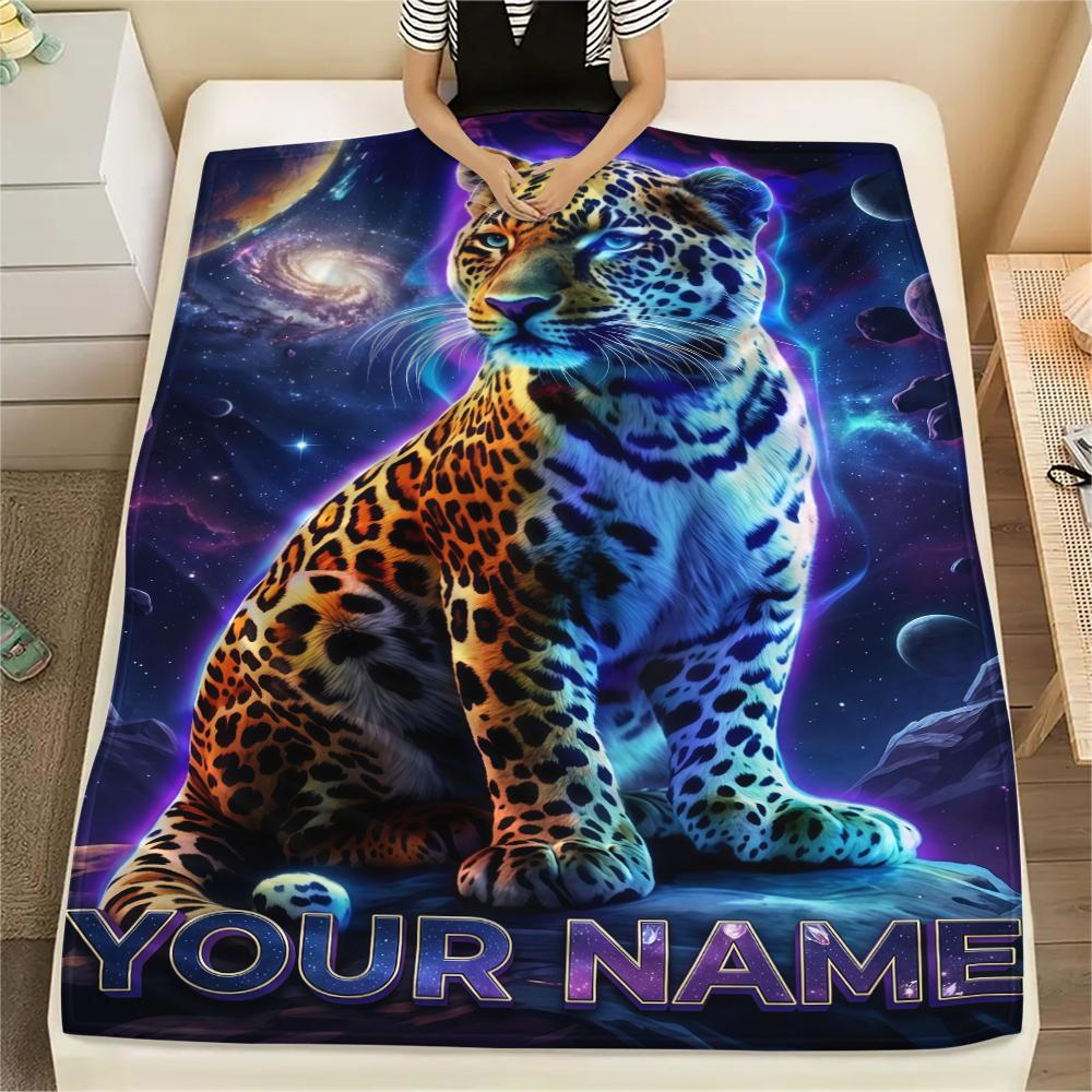 1PC Custom Name Galactic Leopard Majesty Patterned Flannel Blanket Suitable For All Seasons for Home Decor Warmth and Comfort Gifts Holiday Present_lx