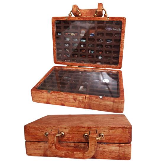 Wooden Gemstone Display Case Suitcase Shape Crystal Stone Mini Collection Box Portable Multi-Grid Organizer Box for Crystal Stones Small Collectibles