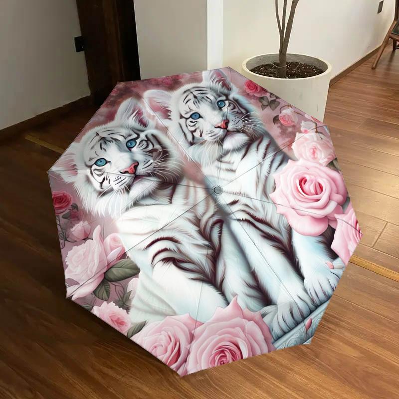 1pc White Tiger Roses Floral Artwork Umbrella with Plastic Handle,Suitable for All Seasons Home Travel Outdoor UmbrellaDD038