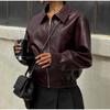 Women Vintage Wine Red Loose Short Leather Jacket Women Fashion Lapel Long Sleeves Zipper Cropped Coat 2025 Autumn Lady Street Outwear