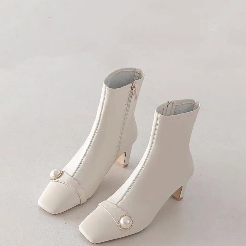 Обувь Белые женские ботильоны со стразами Короткие туфли для женщин Элегантные на среднем каблуке Ботильоны из искусственной кожи Новые рок-н-ролльные горячие Y2k