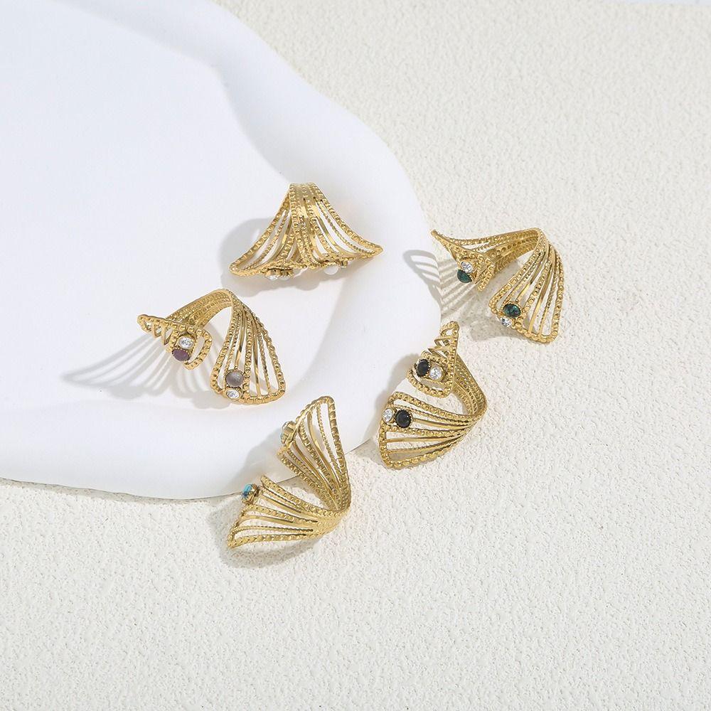 18K Gold Color Stainless Steel Rings Natural Stone Gold-plated Ring Openwork Ring Wedding Ring