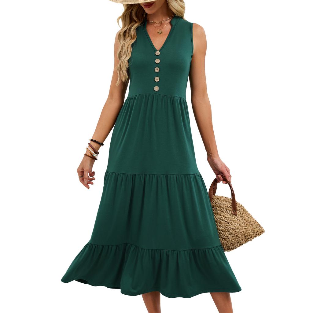 Women's Summer Casual V-Neck Button Front Sleeveless Tiered Maxi Dress Solid Color Beach Sundress