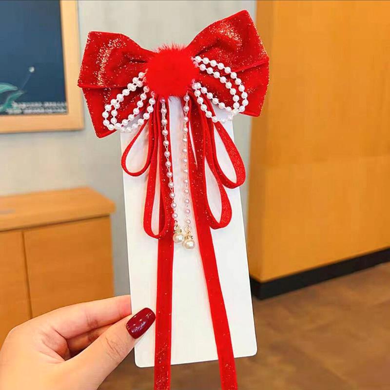 Новогодняя красная блестящая бархатная заколка-бантик для волос на Рождество, благоприятная лента-бантик для волос, женские аксессуары для волос для девочек